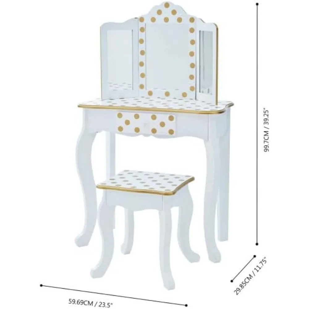 Princess Polka Dot Wooden Play Vanity Set with Mirror, Drawer & Stool for Kids Ages 3+