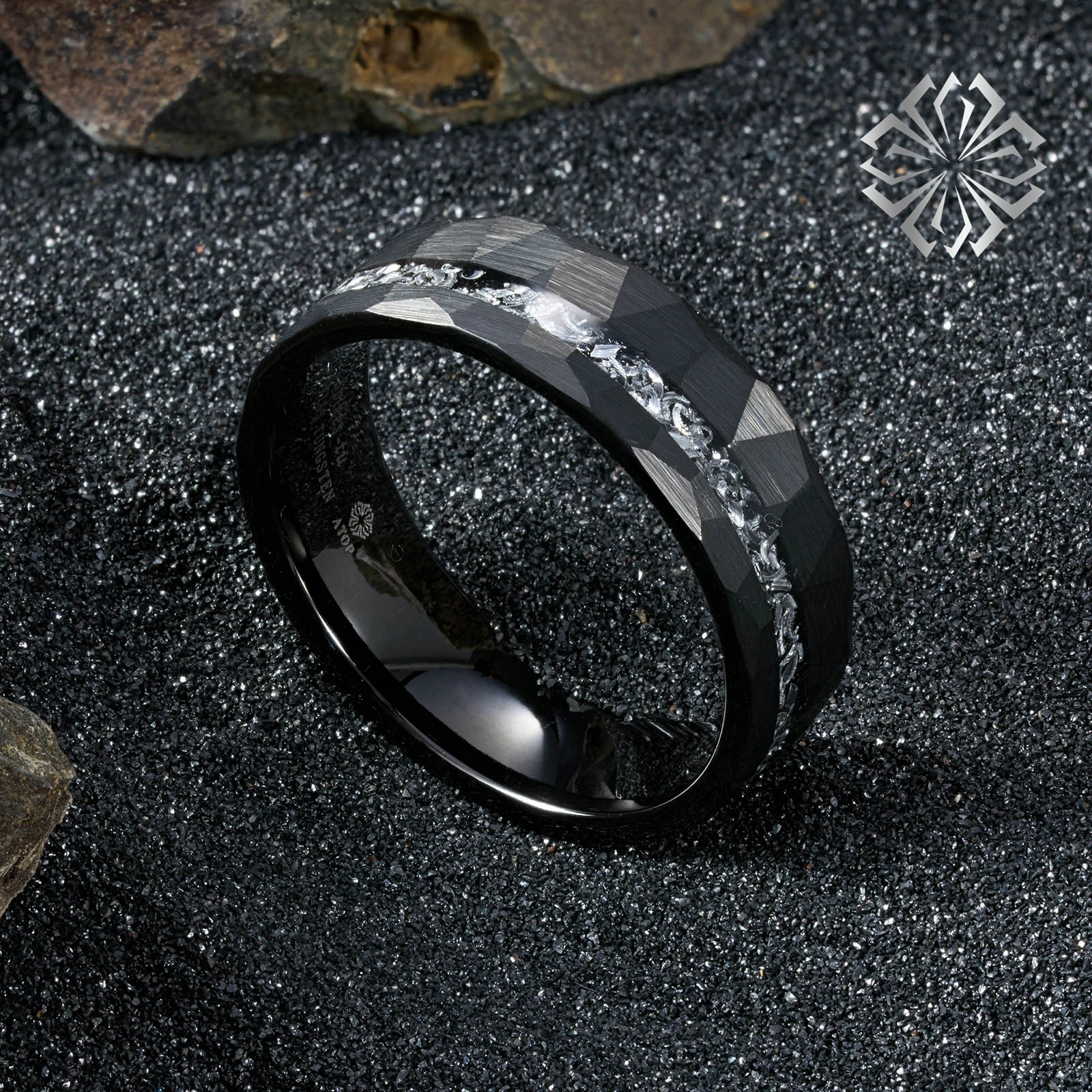 8mm Black Meteorite Tungsten Ring Sliver Line Mens Wedding Band ATOP Jewelry