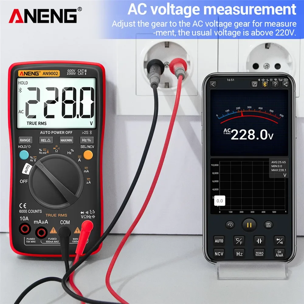 Imagem -02 - Bluetooth Multímetro Digital 6000 Contagens True Rms ac dc Testador de Tensão Atual Auto-alcance Profissional Aneng-an9002