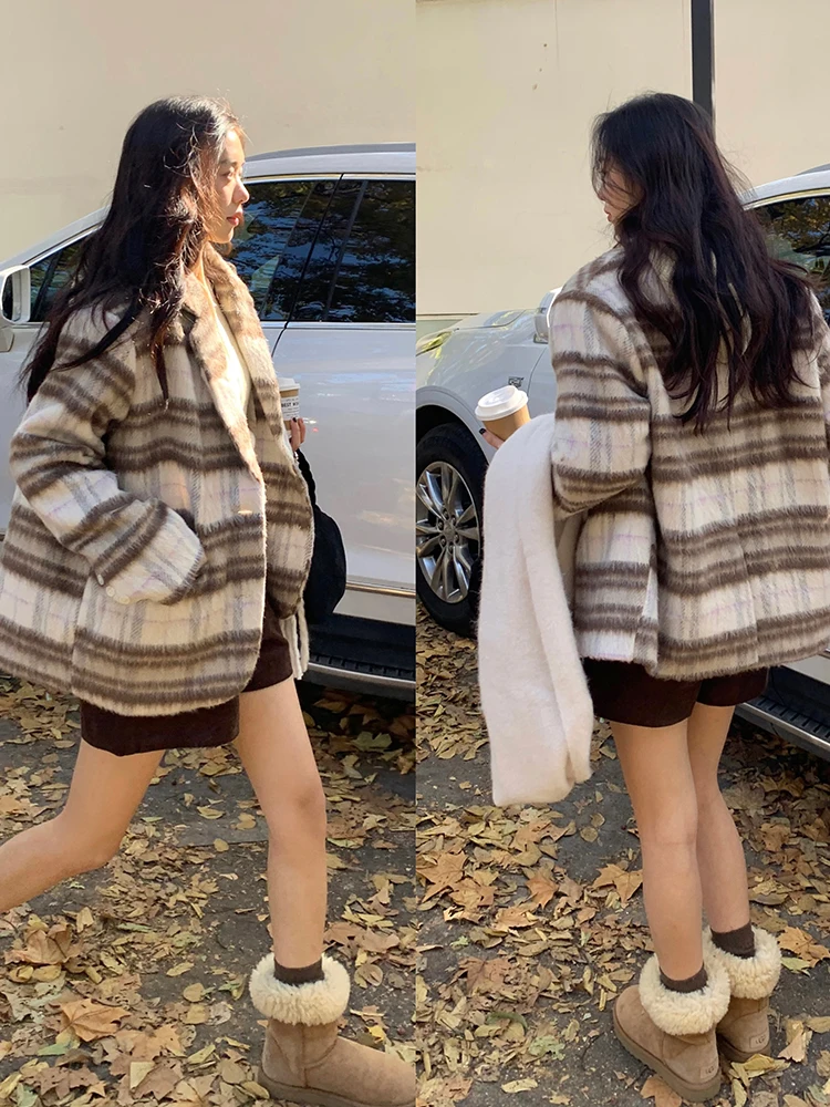 

Корейское шерстяное пальто в клетку для женщин, осенне-зимнее, новое, с добавлением хлопка, свободного кроя, в стиле слэш, для школы, верхняя одежда