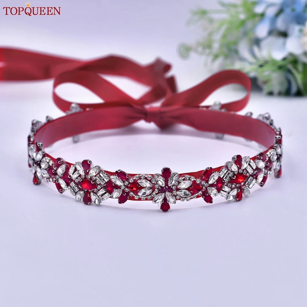 TOPQUEEN-Strass Vermelho Cinto De Noiva, Sash para Casamento, Vestido De Noite Vermelho, Decoração De Cintura, Acessórios Do Casamento, Presente Da Dama De Honra, S09