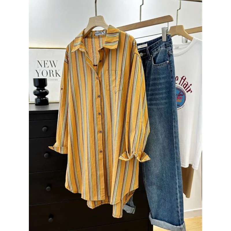 Label Collar Retro Striped Shirt Jacket Women's Loose Casual Medium and Long Shirt 2