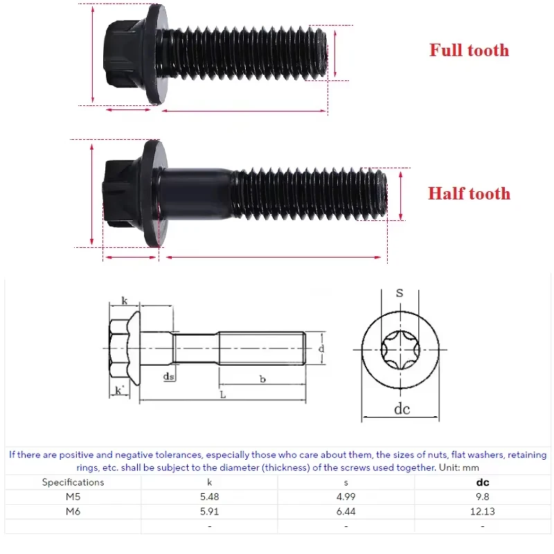 Hexagon External Torx Head Flange Screws M5 M6 Black Grade 12.9 Carbon Steel Profile Plum Outer Hexagon Blot Full/Half tooth