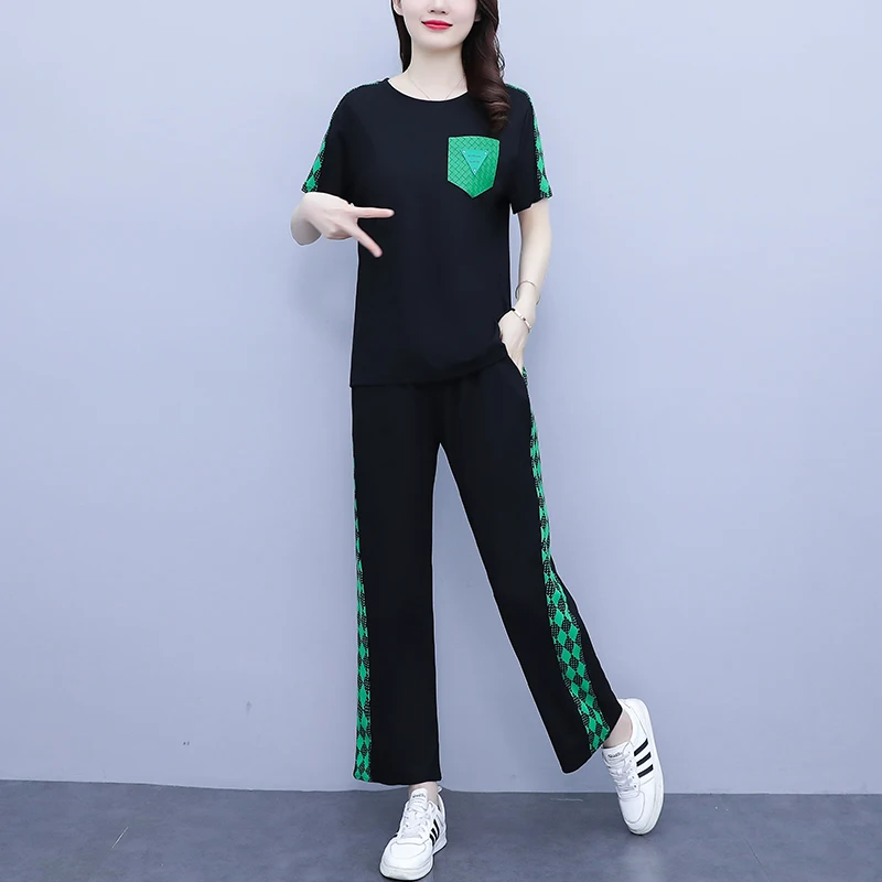 

2022 Summer Pant Set Women T Shirt Top And Trousers Two Piece Suit Female Green Black Tracketsuit Fashion Sport Casual Outfits