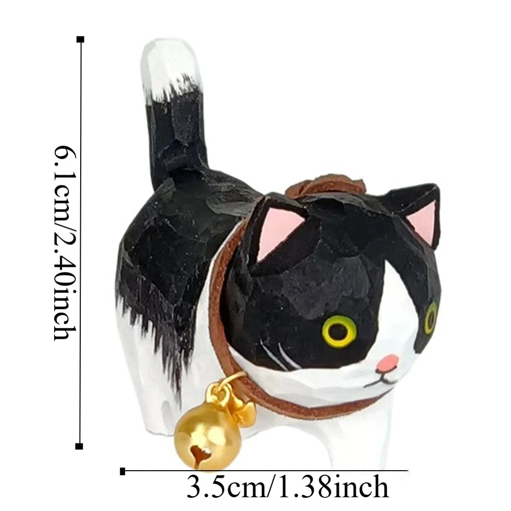 Bell Cat Wood Carving Cat Ornament Solid Wood Handmade Painted Cartoon Cat Sculpture Simple Style Cute