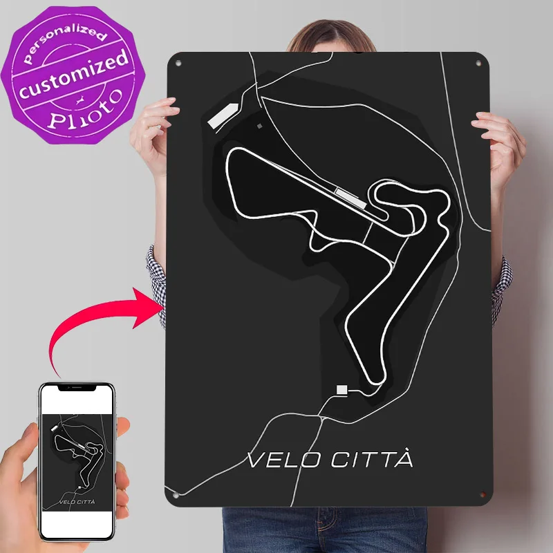 Velo Città Race Track Map Personalized 3D Textured Metal Poster Wall Art Vintage Tin Signs for Mancave Decoration Gaming House