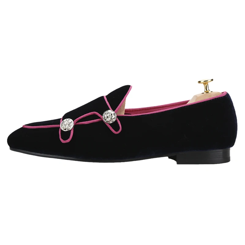 Piergitar Classic Model Navy And Purple Velvet Men Monk Shoes With Sliver Buttons For Party And Prom Handmade Slip-On Loafers