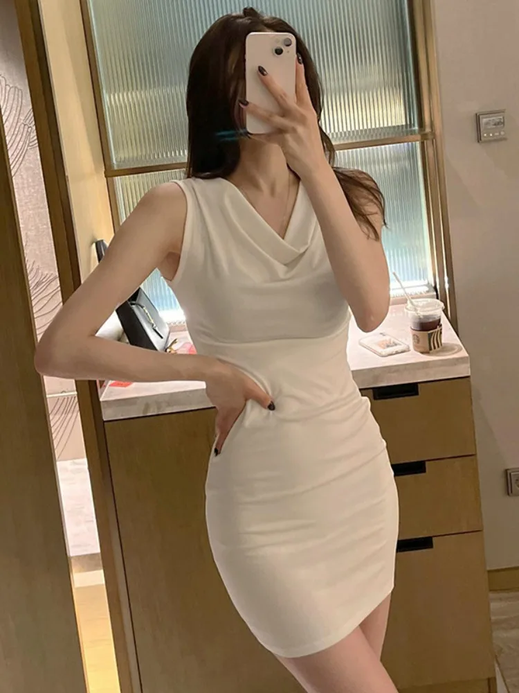 2024 Vestidos De Mujer Temperament Dresses Women's Clothing Sleeveless Pleated Sexy Robe Femme Korean Bodycon Mini Summer Dress