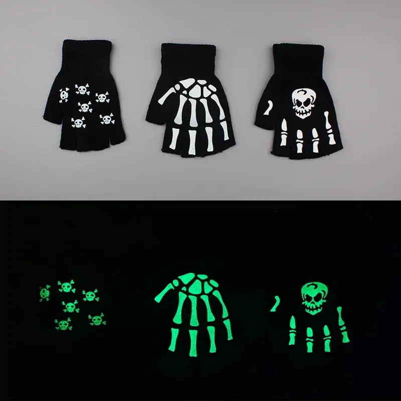 

1/2/3pair New Adult Kids Halloween Skeleton Skull Half Finger Luminous Punk Gloves Winter Skull Fingerless Black Mitten