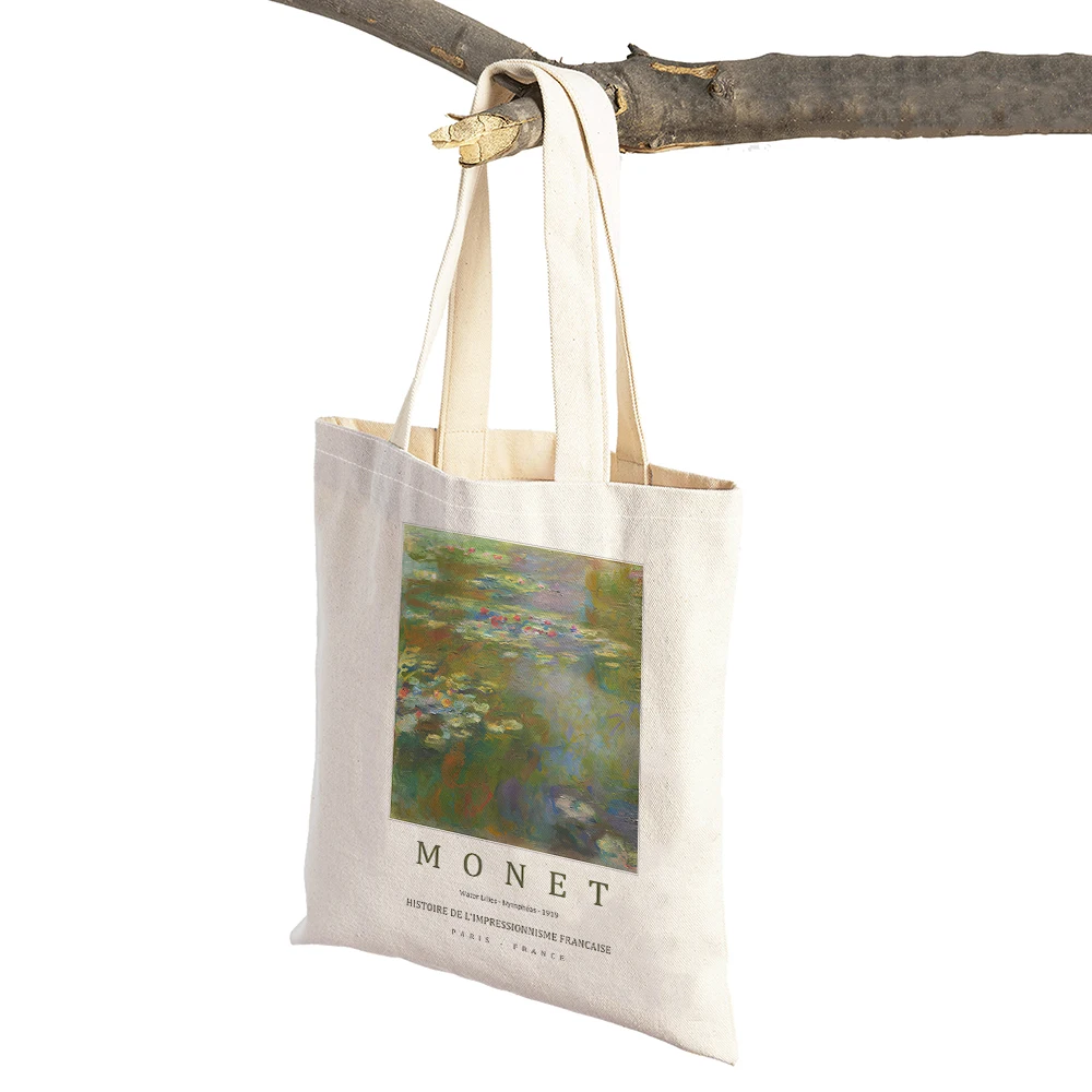 Claude Monet Water Lilies Garden Irises Lady Shopping Bag Both Sided Geometric Women Shopper Bags Casual Tote Handbag