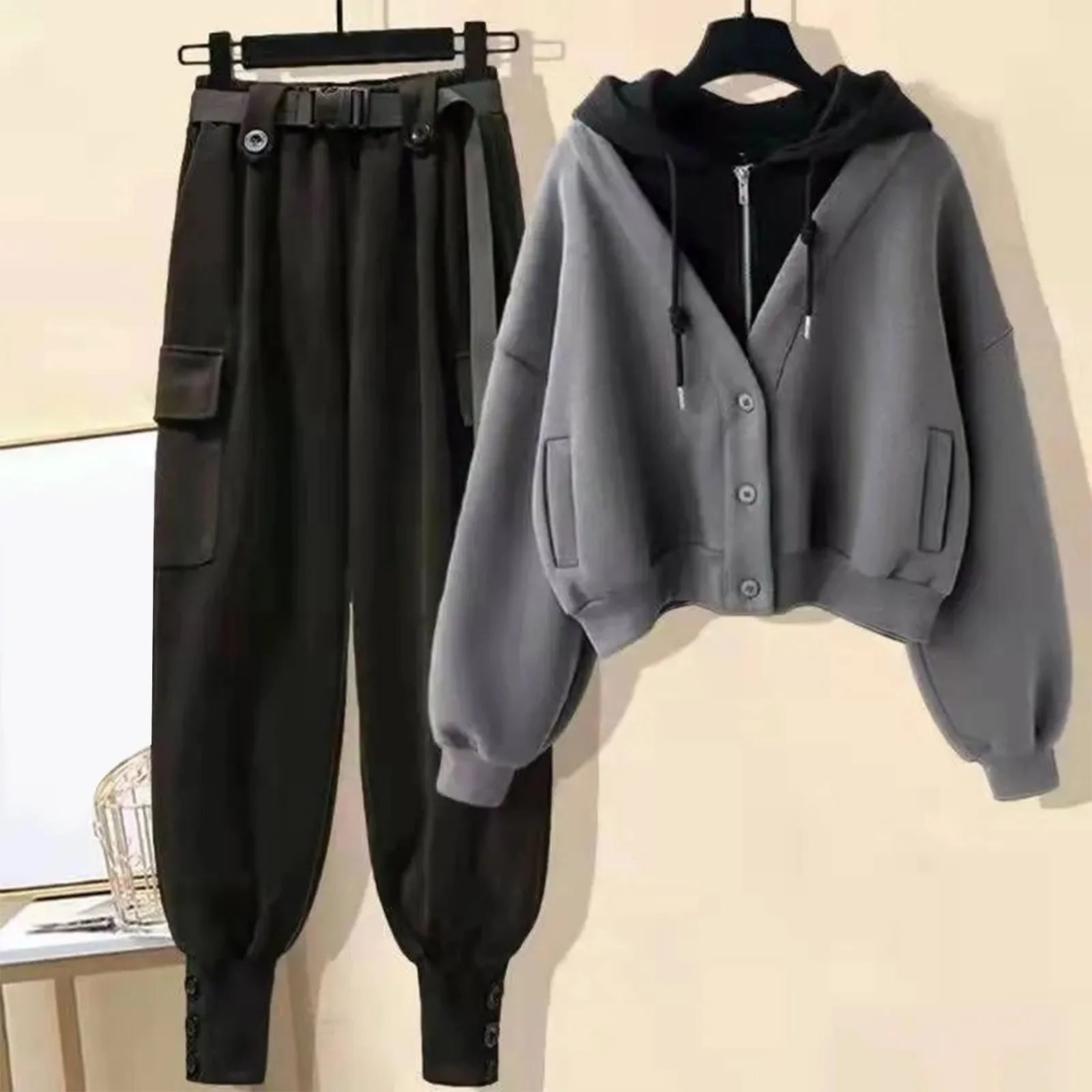 

Spring Autumn Tracksuits Two Piece Set Women Long Sleeve Fake Two Piece Hooded Sweatshirts And High Waist Bandage Harem Pant Set