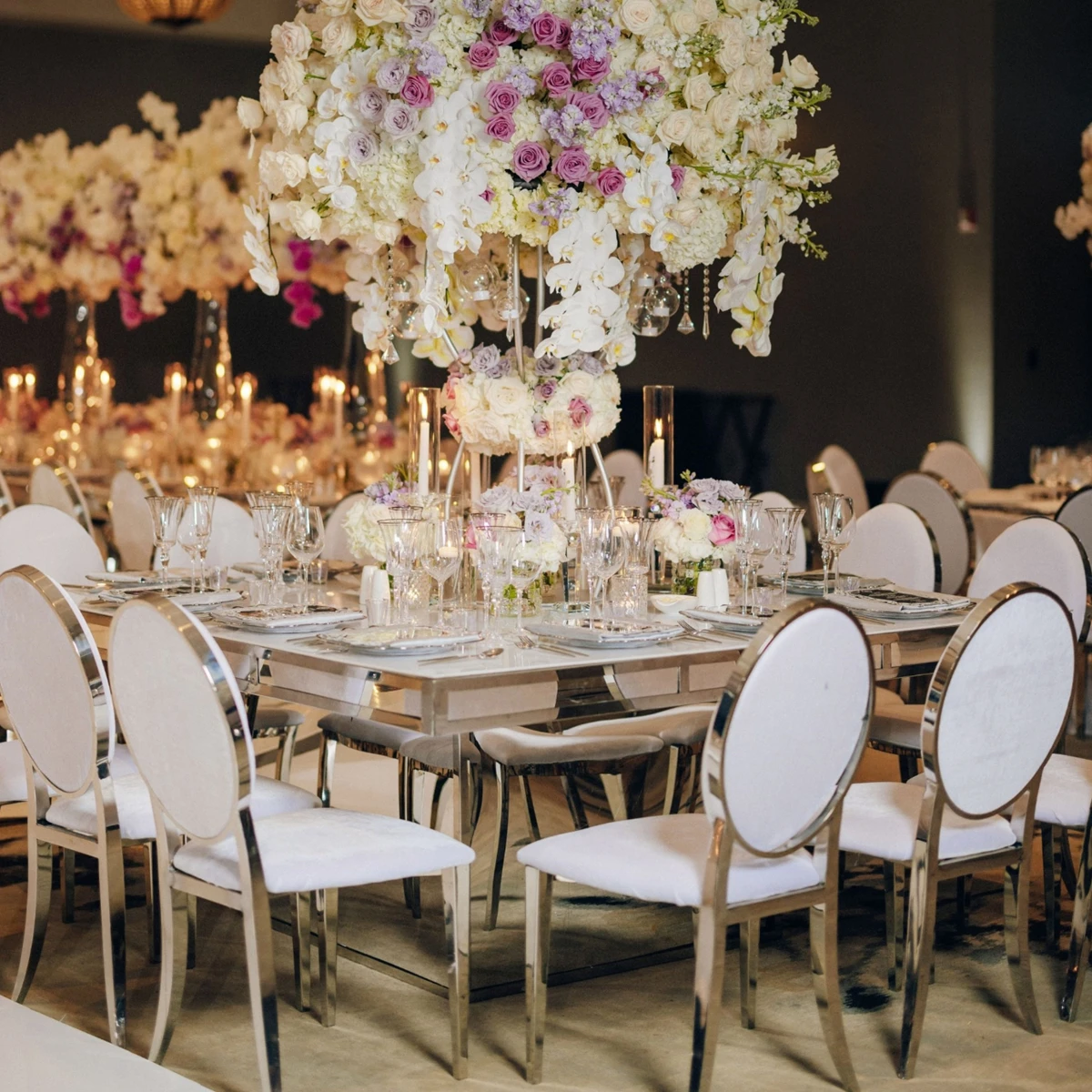 18pcs）New Design Modern Stainless Steel Wedding Table chairs For Banquet Party Events Dining Table