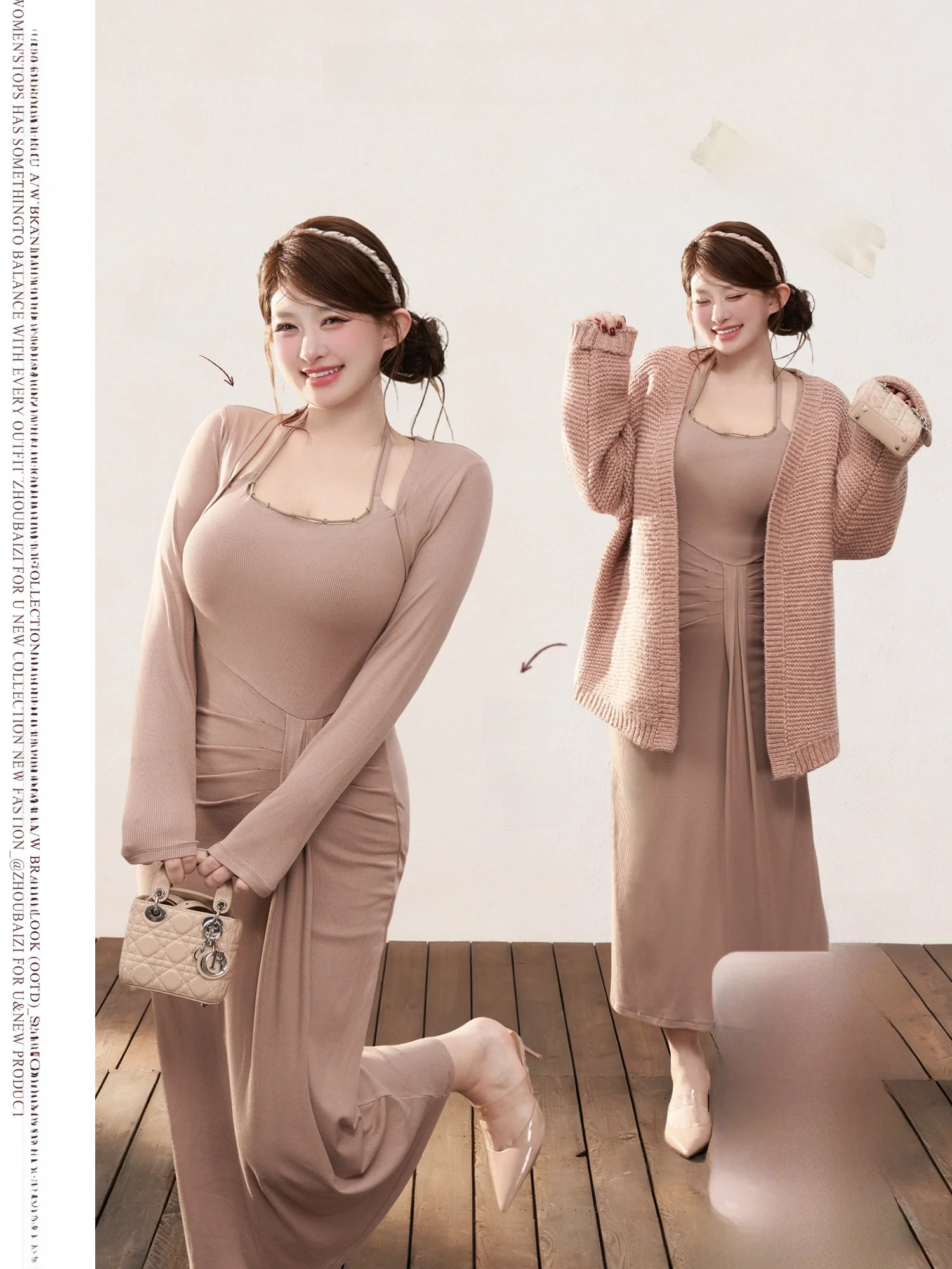 

Romantic 3D Folded Large Size Micro Fat Japanese Style Dress Elegant Waist Cinched Long Sleeve Casual Autumn Winter Dress
