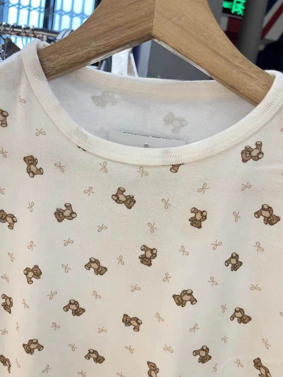 Little Bear Bow Print Slim T-shirt Woman Summer Round Neck Short Sleeve Cottton Tee Shirts Casual Sweet Cute New Tshirt Y2k Tops