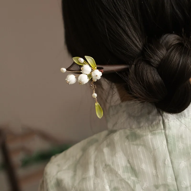 Retro Wooden Hair Stick Lily Of The Valley Fringe Hairpin Fork Chinese Hanfu Hair Accessories Vintage Cheongsam Hair bun Jewelry