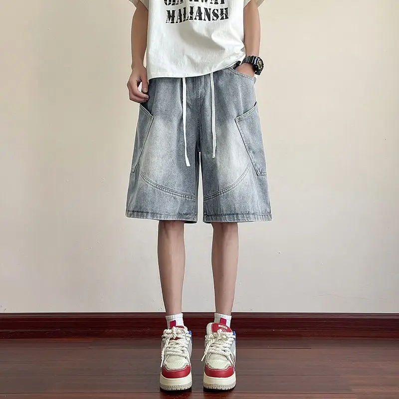 

Mens Drawstring Waist Light Wash Denim Shorts Casual Loose Wide Leg Baggy Jean Shorts Streetwear