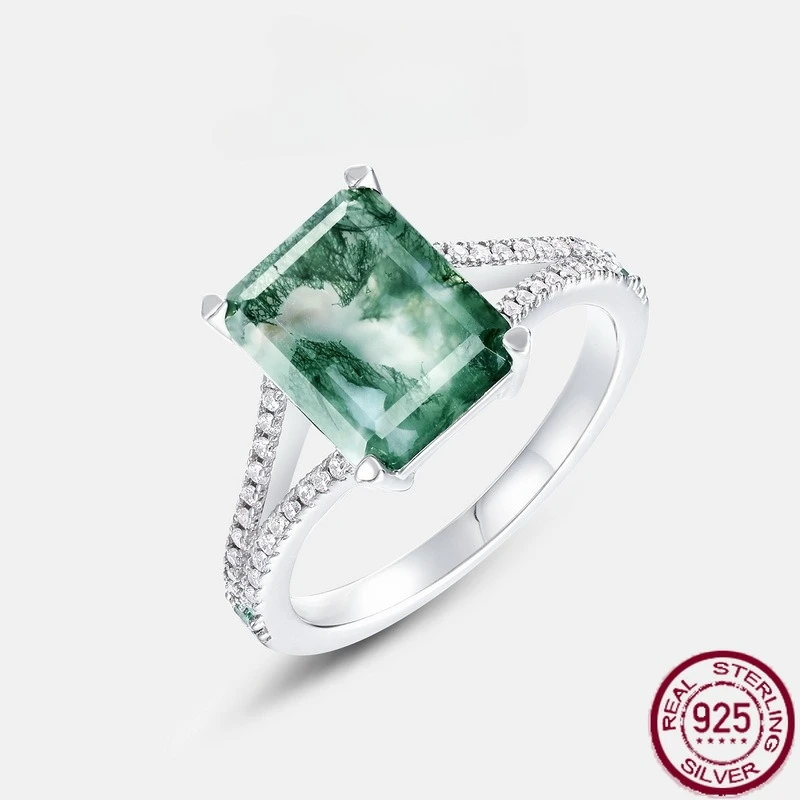 

New S925 Pure Silver Geometric Natural Water Grass Agate Green Moss Stone Finger Ring Light Luxury Unique Wedding Jewelry
