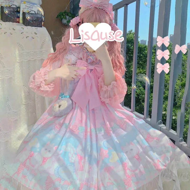 CyJapanese dulce Kawaii Jsk vestido de Lolita victoriano Vintage mujeres sin mangas Bowknot princesa vestidos de fiesta sueño gato estampado niñas