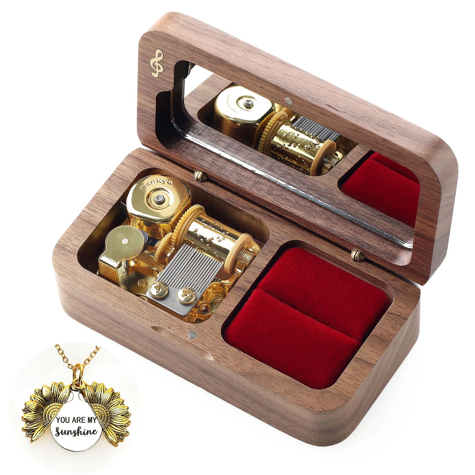 Roosiking Walnut Wooden Ring Box Music Box Jewelry Organizer Family Valentine's Day Christmas New Year Gift(Tune:Anastasia)