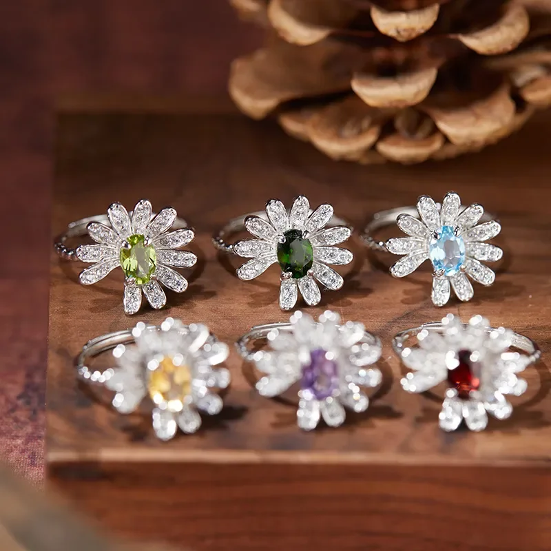 Little Daisy S925 Silver Treasure Ring Natural Topaz Amethyst Garnet Olivine Diopside Jewelry