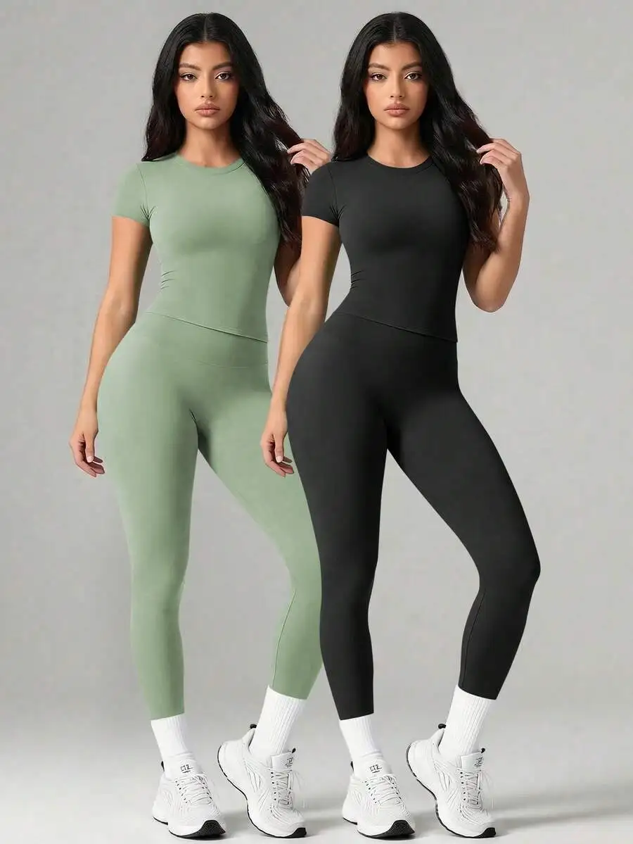 

Womens Crew Neck Short Sleeve Top And High Waisted Yoga Sports Pants Set