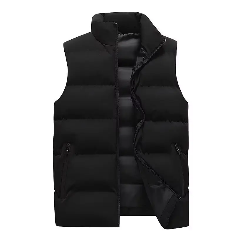 2026 Autumn Men's Stand Collar Down Cotton Vest Thickened Warm Casual Shoulder Bared Jacket Zipper Winter Outerwear  Black