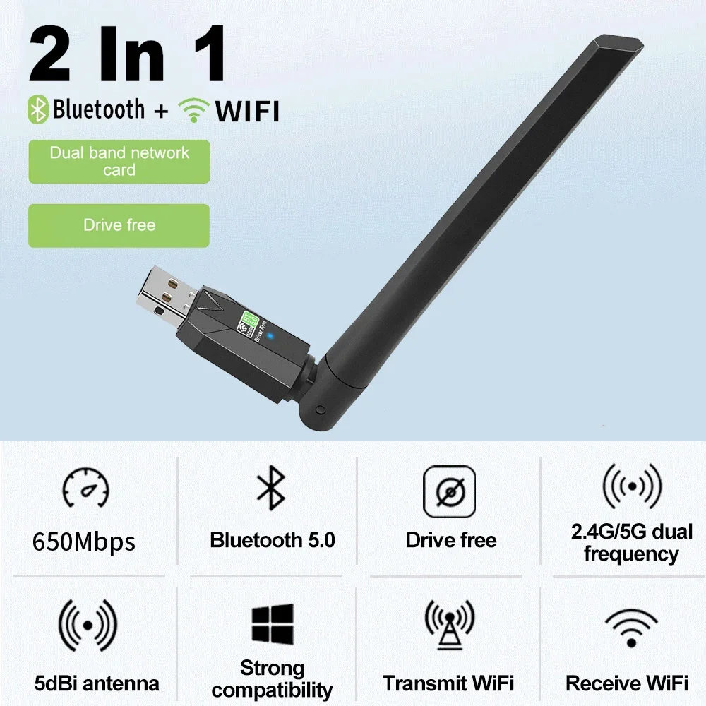 USB WiFi Adapter AC600 Bluetooth5.0 Wireless Dual Band 2.4G/5GHz WiFi 5dBi Antenna USB Dongle Recevier For PC/Laptop Driver Free