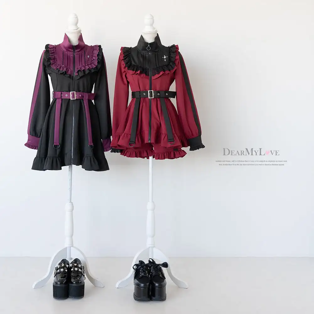 Japanese Mine Style Lace Splicing Ruffles Zipper Stand Collar Long Sleeve High Waist Belt Slim Sweet Lolita Short Dress Women