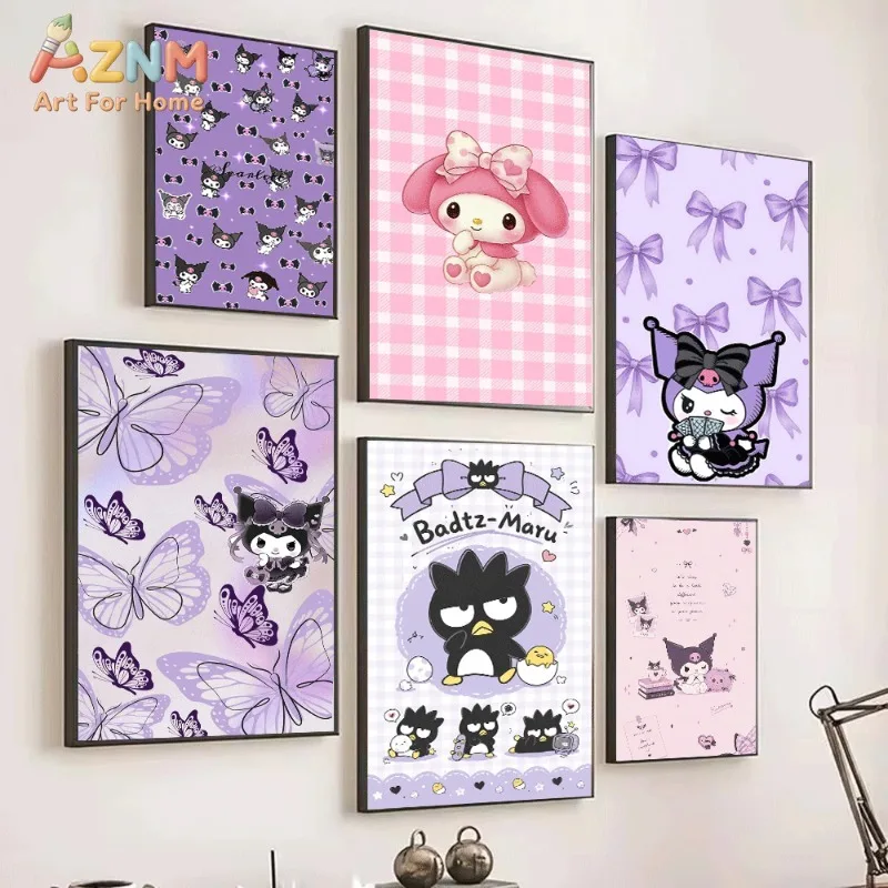Sanrio Kuromi Purple Bow Pattern Canvas Poster No Frame Cute Cartoon Devil Character My Melody Badtz Maru Girly Kids Room Wall
