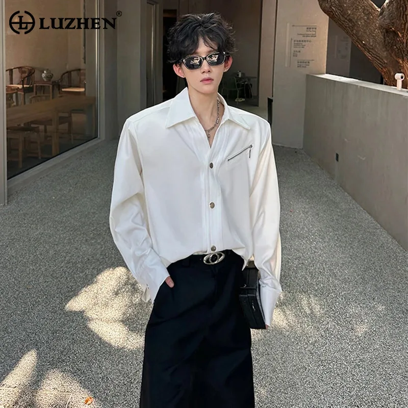 

LUZHEN Fashion Elegant Zipper Decorate Shoulder Pad Long Sleeve Shirts 2025 Autumn Solid Color High Quality Original Tops JY4208