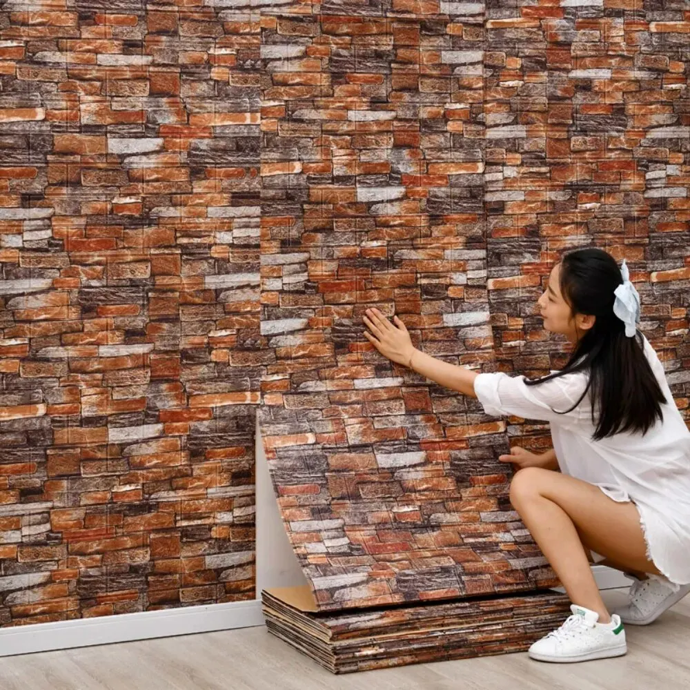 Peel And Stick Retro 3D Brick Wall Sticker 70cmx1m Waterproof Wallpaper Bedroom Kitchen Household Indoor Wall Background Decor