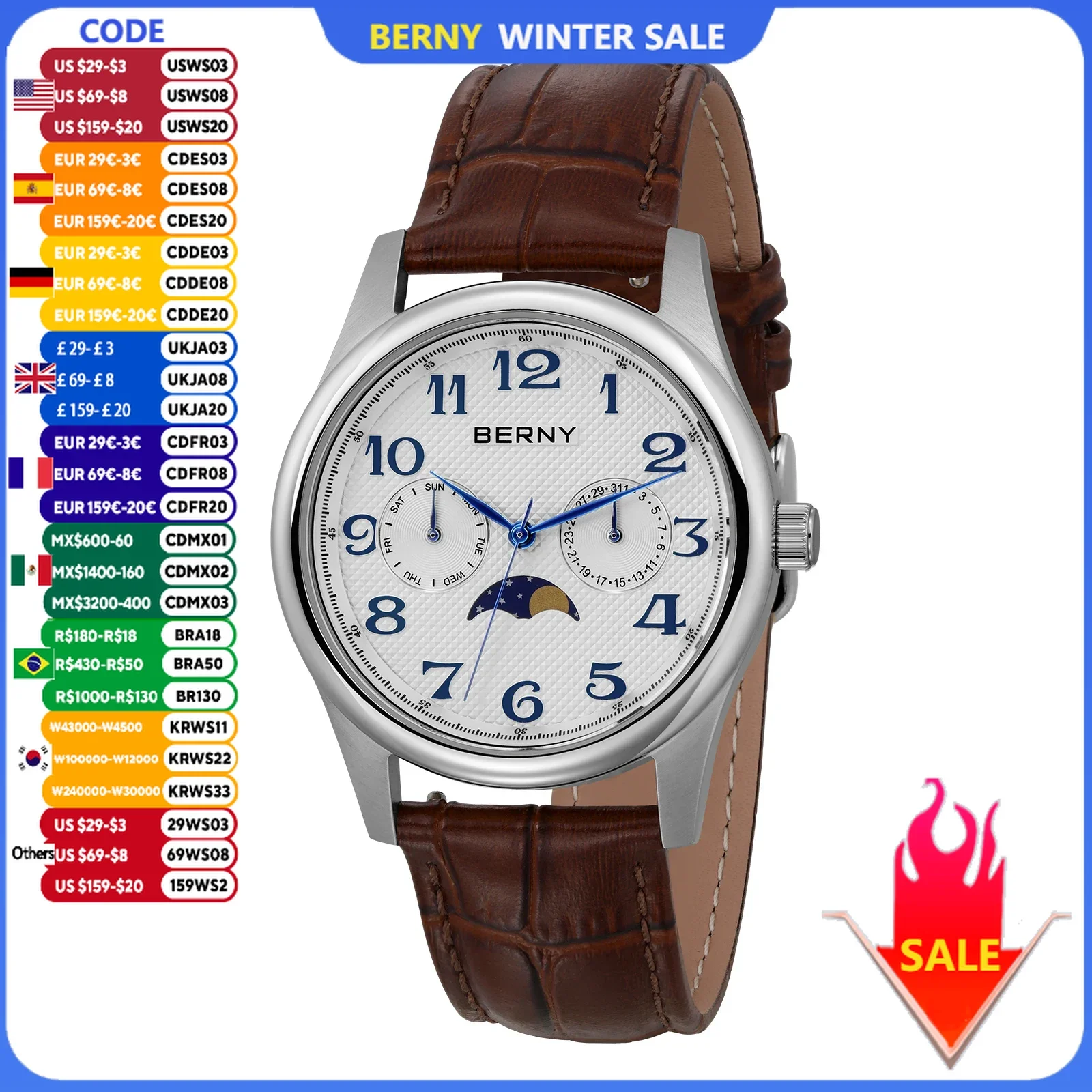 BERNY Luxusuhren für Herren, Kalender, Vintage-Quarz, Herrenuhr, leicht ablesbar, Mondphasenkalender, Business-Kleid, Herren-Armbanduhr