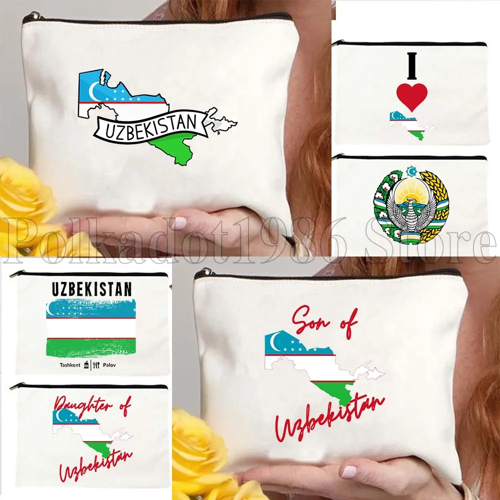 Tashkent Emblem of Uzbekistan Flag Map Cute Gifts Canvas Cosmetic Bag Travel Lipstick Makeup Toilet Bag Pencil Case Zipper Pouch