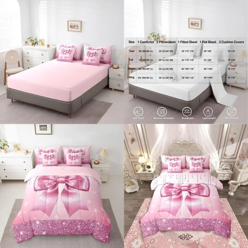 

Twin Size Pink Bow Bedding Set for Teens: 7-Piece Modern Glitter Bowknot Comforter with Sheets