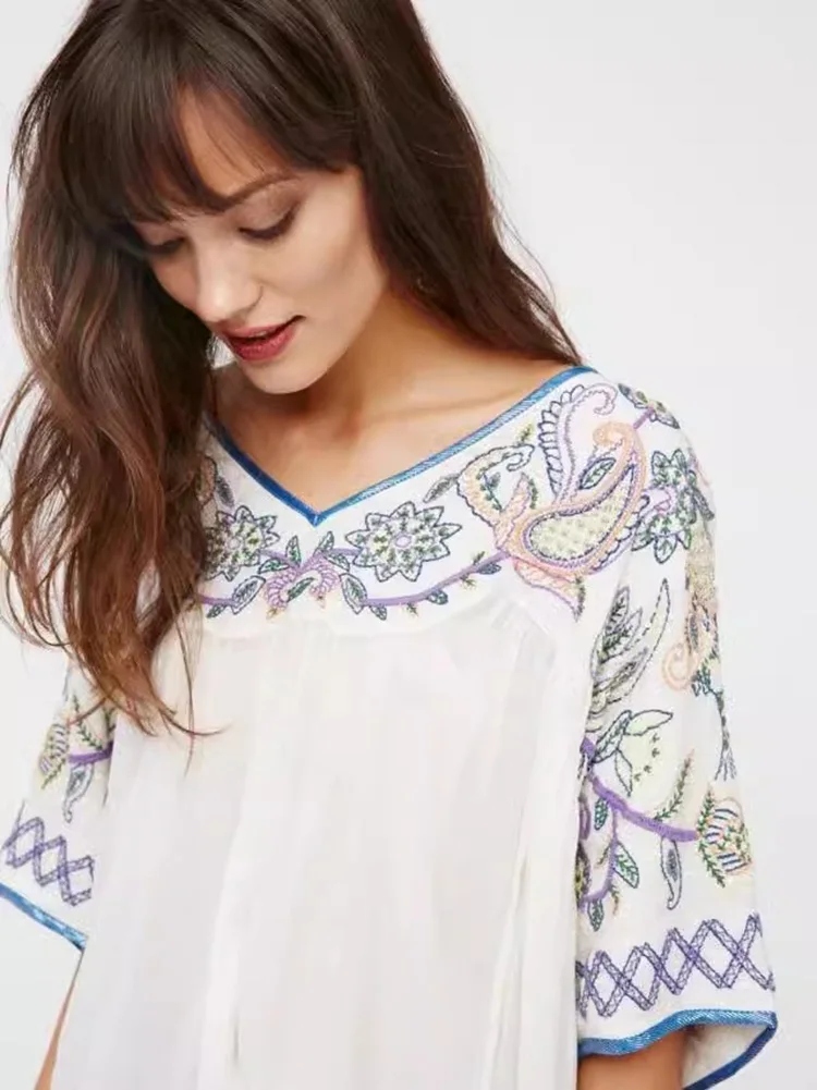 KHALEE YOSE Boho Floral Embroidery Blouse Shirt Cotton Loose White Flare Sleeve V-neck Women Vocation Ladies Blouse Top Blusa