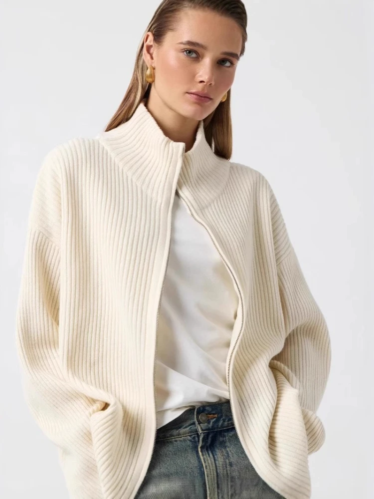 

Осень-зима 2022, новый женский элегантный вязаный шерстяной кардиган на молнии с воротником-стойкой и длинными рукавами, толстая теплая куртка