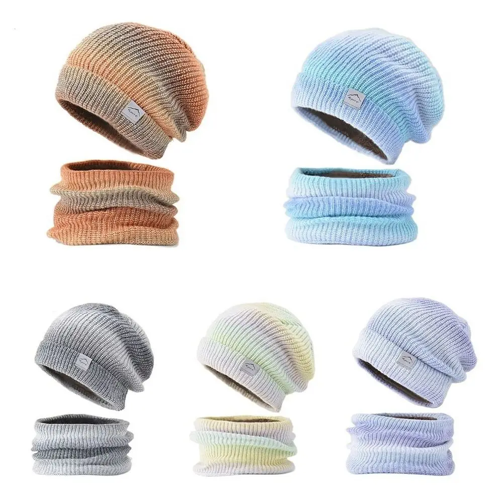 New Warm Fleece Wool Hat Knitted Gradient Winter Hat Thickened Ear Protection Cap Scarf Set Outdoor