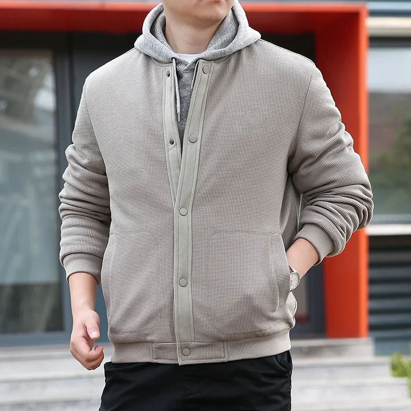 

Men's Jacket Waffle Stand-up Collar Spring And Autumn Velvet Thickened Button Jacket Outdoor Casual Warm Men's Jacket