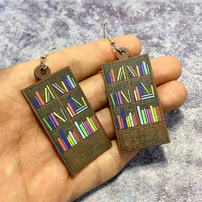 Back-To-School Season Fashion Hand -Painted Wooden Bookshelf Earrings Valentine's Day Brown Book Hobbyist  Pendant Earrings