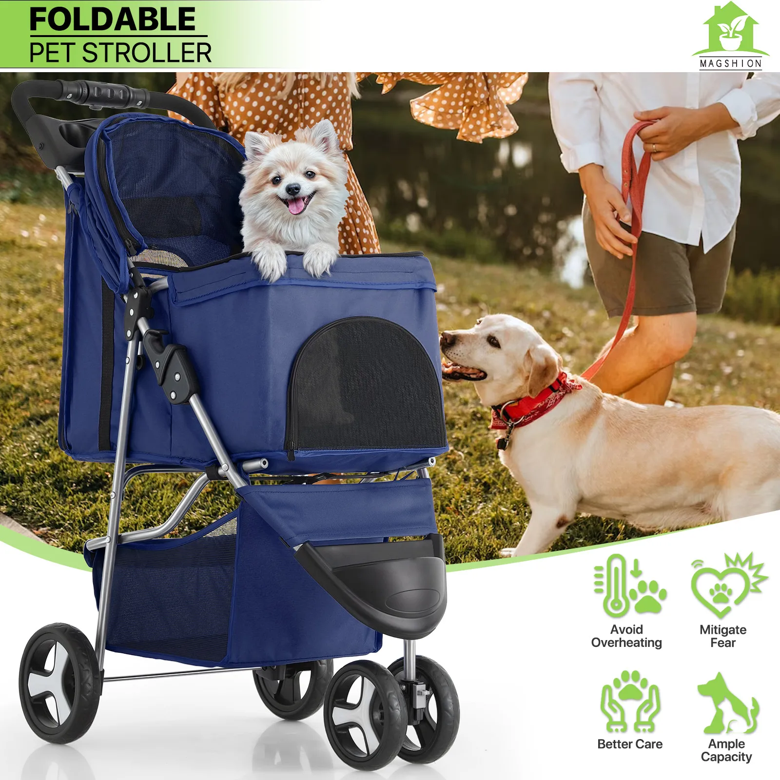 

Blue Foldable Dog Stroller Small Medium Pet Travel Cage Carrier Cart with Sunshade Waterproof Large Wheels All Terrain Pet