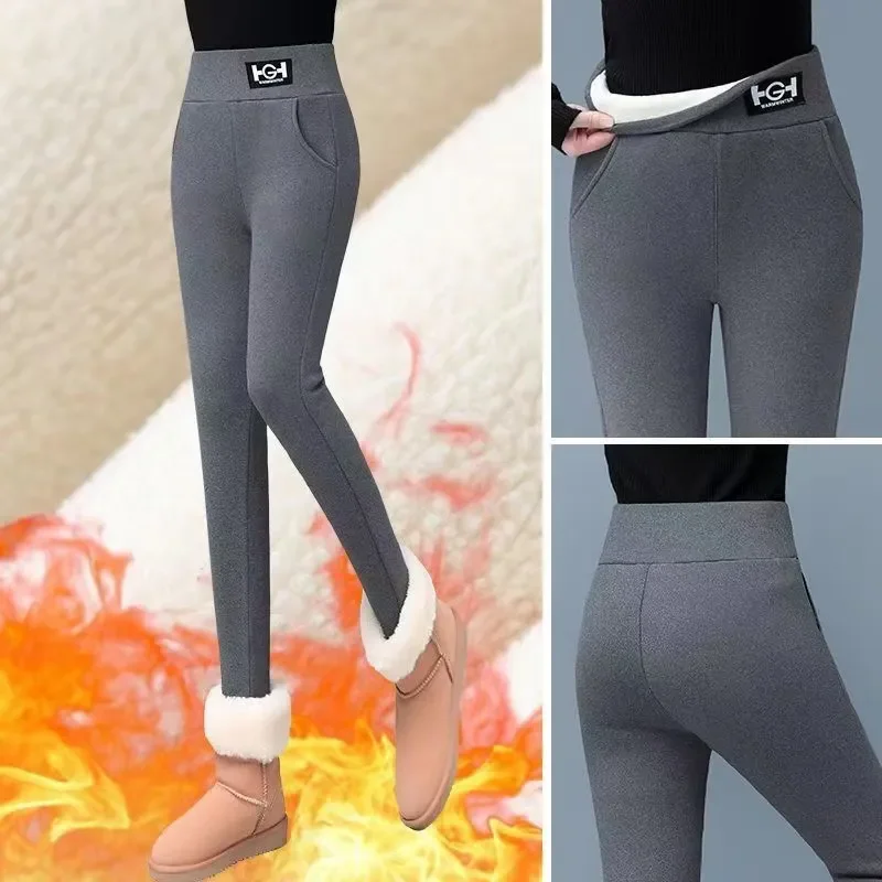 Winter Warm Velvet Lined Leggings Women Elastic High Waist Thicken Pencil Pants Korean Casual Snow Wear Solid Slim Pantalones