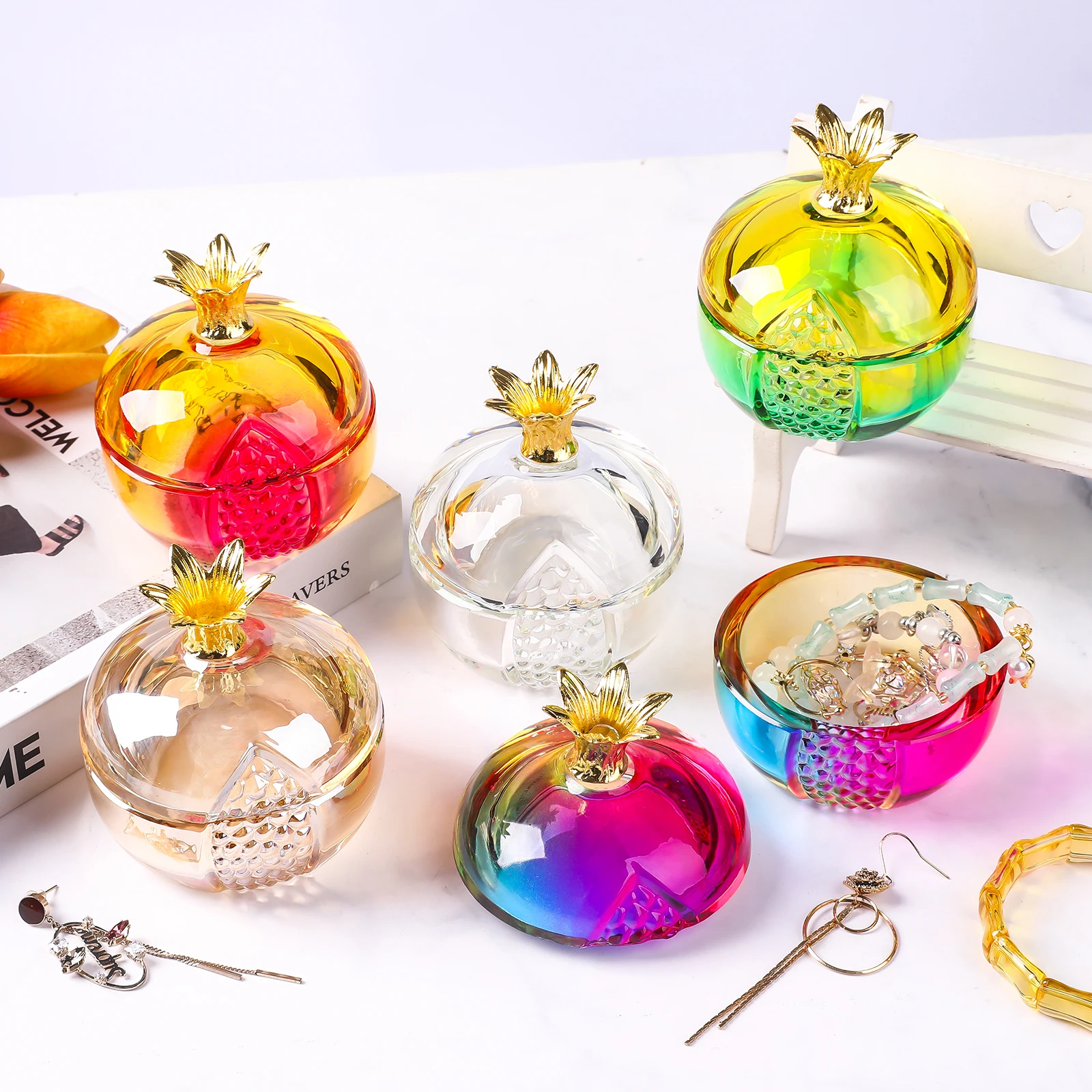 Glass Pomegranate Trinket Box Decorative Jeweled Holder Colorful Fruit Ring Necklace Organizer Mother’s Day Wedding Gift