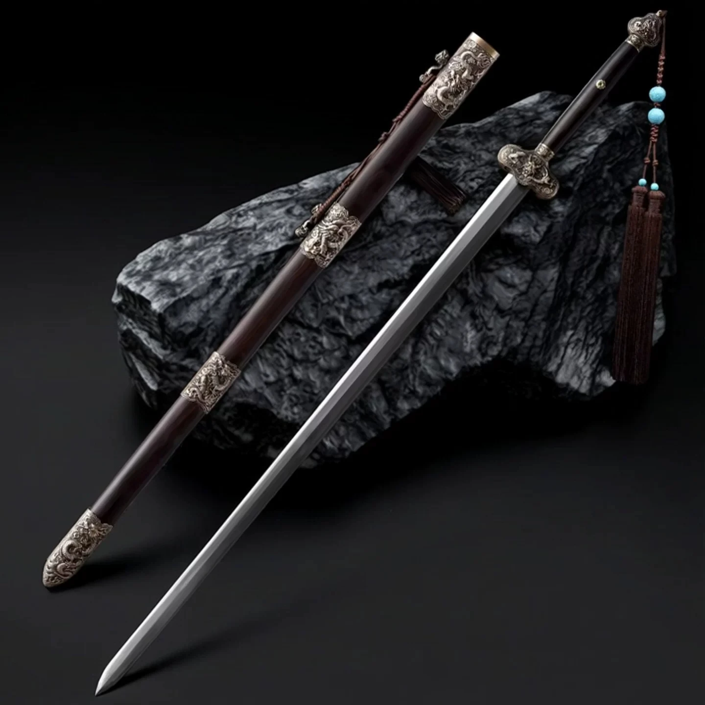Giant Dragon Greatsword 143cm Chinese Large Decorative Sword Damascus Pattern Steel Dragon Engraved Decorative Sword Free Stand