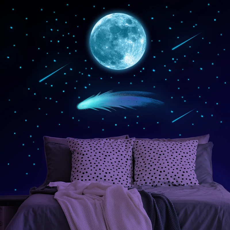 Luminous Moon Stars Meteor Vinyl Wall Stickers Glow in the Dark Night Sky for Living Room Kids Bedroom Porch Home Decoration