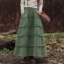 High Waist Cotton Linen Casual Skirt Women New 2024 Winter Vintage Style Solid Color Loose Female Thick Warm A-line Skirts M148