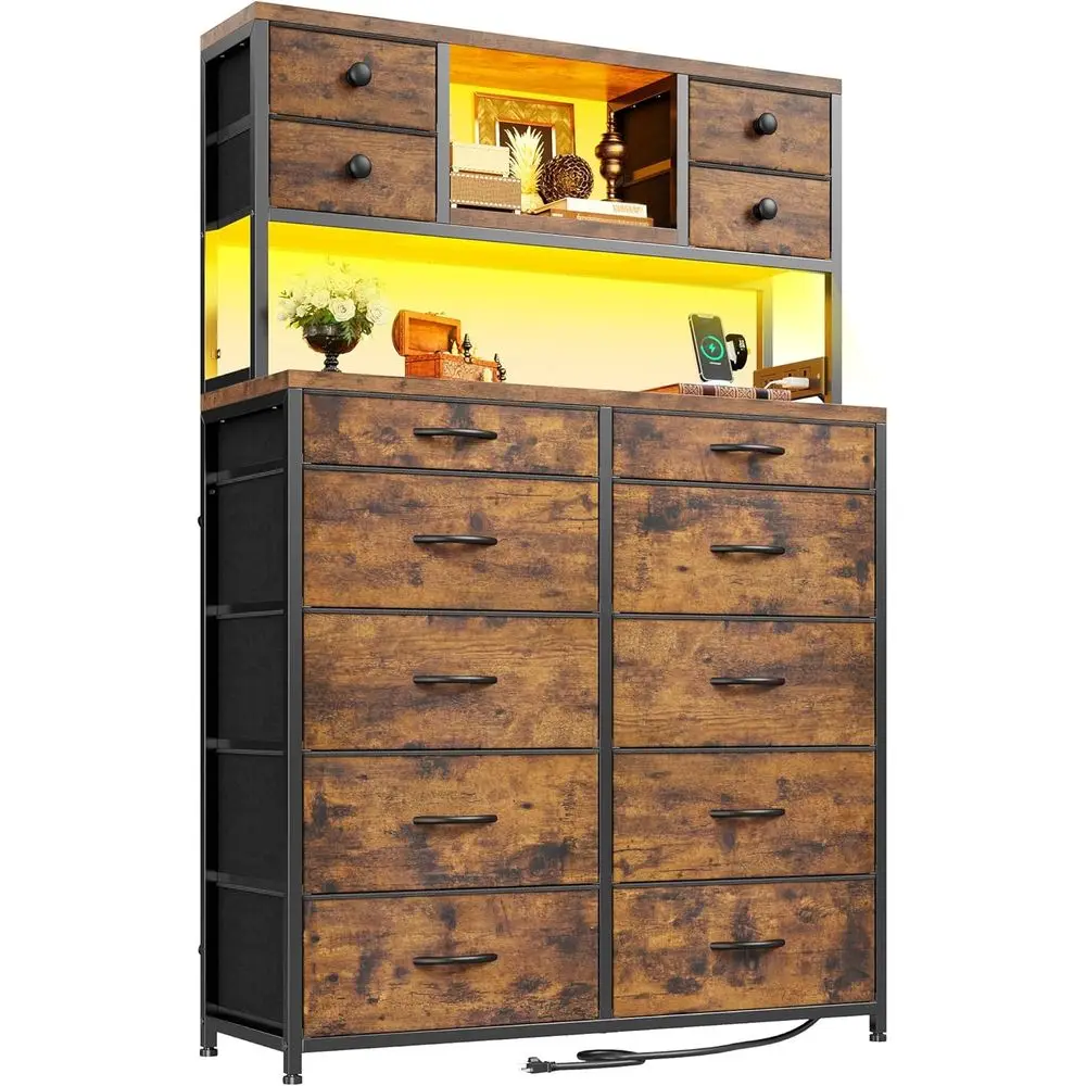 Bedroom Storage with LED Lights, Charging Ports, Open Shelves, Wooden Top, Rustic Brown Steel Frame