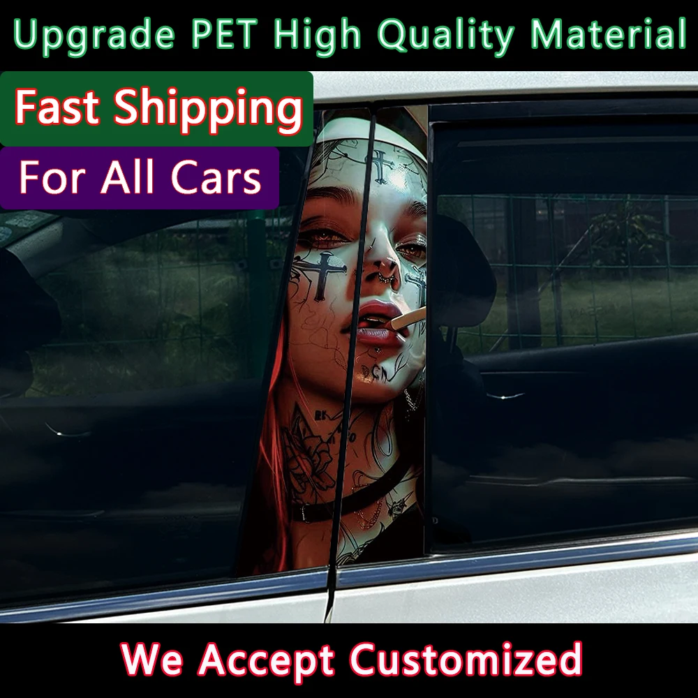 

1PC/2PCS Somking Nun Sister Auto B-pillar Stickers Car Center Column Decoration Cover Scratches Waterproof Decals Accessories