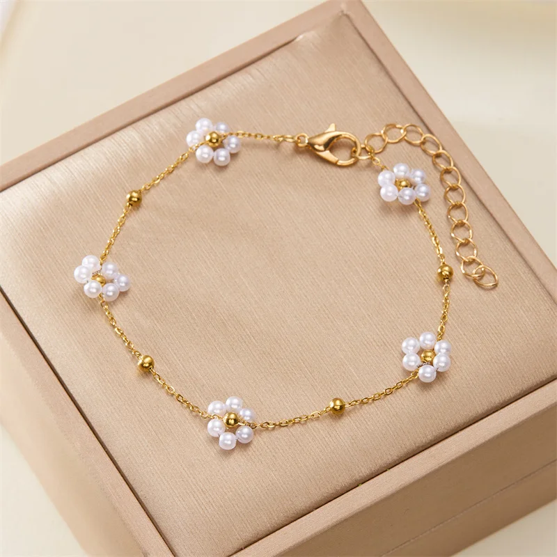 Sweet Cute Crystal Pearl Flower Bracelets for Women Fashion Gold Color Chain Charm Bracelet Necklace Jewelry Wholesale