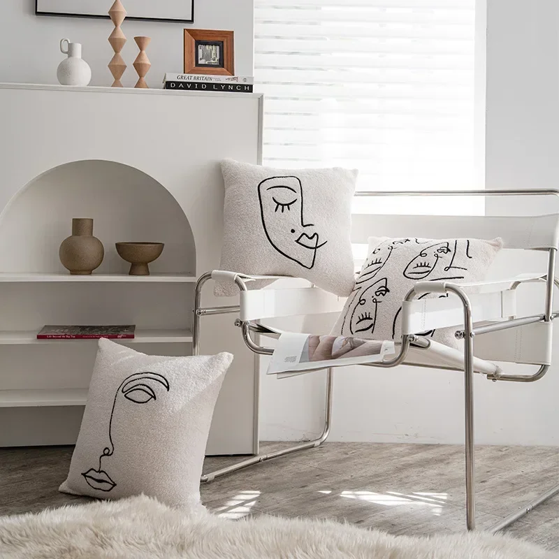 Lambswool Embroidered Cushion Cover 45x45 Nordic Beige White Abstract Art Pillowcase Light Luxury Decorative Pillows for Sofa