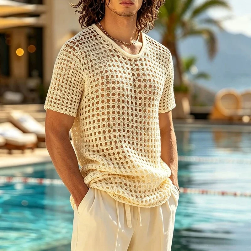 T-shirt en maille ajourée pour homme, col rond, manches courtes, transparent, respirant, style vintage, pour plage, fête ou décontracté, tailles S-2XL